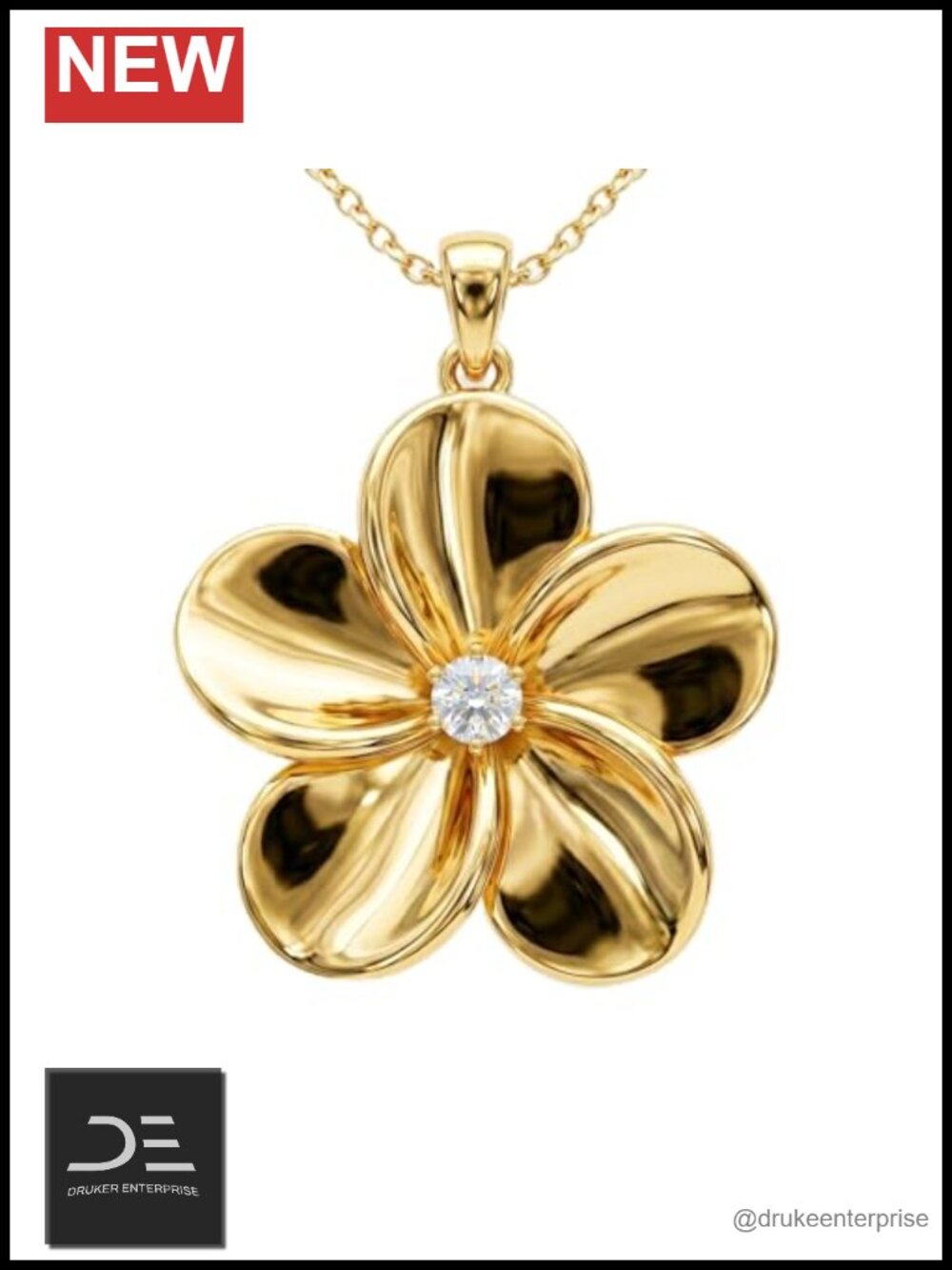 14K Gold Plated Hawaiian Plumeria Pendant Necklace Lab-Grown Diamond